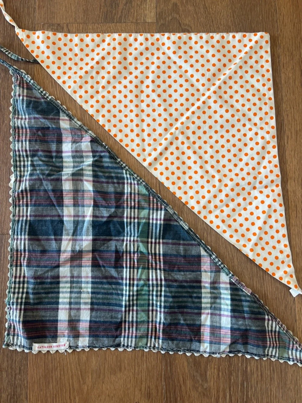 Vintage pair of Reversible Triangle Bandana Scarves — Plaid & Orange Polka Dot - Picture 3 of 5